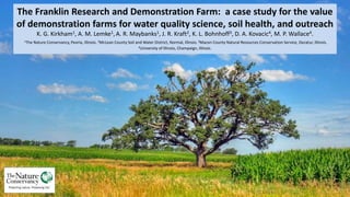 The Franklin Research and Demonstration Farm: a case study for the value
of demonstration farms for water quality science, soil health, and outreach
K. G. Kirkham1, A. M. Lemke1, A. R. Maybanks1, J. R. Kraft2, K. L. Bohnhoff3, D. A. Kovacic4, M. P. Wallace4.
1The Nature Conservancy, Peoria, Illinois. 2McLean County Soil and Water District, Normal, Illinois. 3Macon County Natural Resources Conservation Service, Decatur, Illinois.
4University of Illinois, Champaign, Illinois.
 