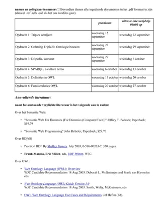 namen en collegkaartnummers !! Bovendien dienen alle ingediende documenten in het .pdf formaat te zijn
(danwel .rdf .rdfs .owl als het om datafiles gaat).

                                                                                uiterste inlevertijdstip
                                                              practicum
                                                                                       09h00 op

                                                         woensdag 15
Opdracht 1: Triples schrijven                                                 woensdag 22 september
                                                         september

                                                         woensdag 22
Opdracht 2: Oefening Triple20, Ontologie bouwen                               woensdag 29 september
                                                         september

                                                         woensdag 29
Opdracht 3: DBpedia, wordnet                                                  woensdag 6 october
                                                         september

Opdracht 4: SPARQL, e-culture demo                       woensdag 6 october woensdag 13 october

Opdracht 5: Definities in OWL                            woensdag 13 october woensdag 20 october

Opdracht 6: Familierelaties OWL                          woensdag 20 october woensdag 27 october


Aanvullende literatuur:

naast bovenstaande verplichte literatuur is het volgende aan te raden:

Over het Semantic Web:

    • "Semantic Web For Dummies (For Dummies (Computer/Tech))" Jeffrey T. Pollock; Paperback;
      $19.79

    • "Semantic Web Programming" John Hebeler; Paperback; $29.70

Over RDF(S)

    • Practical RDF By Shelley Powers. July 2003, 0-596-00263-7, 350 pages.

    • Frank Manola, Eric Miller, eds, RDF Primer, W3C.

Over OWL:

    • Web Ontology Language (OWL): Overview
      W3C Candidate Recommendation 18 Aug 2003. Deborah L. McGuinness and Frank van Harmelen
      eds

    • Web Ontology Language (OWL) Guide Version 1.0
      W3C Candidate Recommendation 18 Aug 2003. Smith, Welty, McGuinness, eds

    • OWL Web Ontology Language Use Cases and Requirements. Jef Heflin (Ed).
 