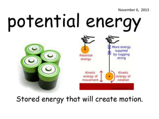 potential energy

November 6, 2013

Stored energy that will create motion.

 