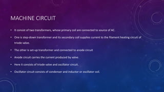 MACHINE CIRCUIT
• It consist of two transformers, whose primary coil are connected to source of AC.
• One is step-down transformer and its secondary coil supplies current to the filament heating circuit of
triode valve.
• The other is set-up transformer and connected to anode circuit
• Anode circuit carries the current produced by valve.
• Here it consists of triode valve and oscillator circuit.
• Oscillator circuit consists of condenser and inductor or oscillator coil.
 