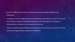 • Current of different frequencies are obtained by selecting suitable condensers and
inductances.
• To produce a current of high frequency the capacitances and inductance used must be small
and is made to charge and discharge repeatedly and for obtaining this an Oscillator is
incorporated in to machine circuit along with valve circuit
• Another coil AB lie close to oscillator coil and had one end connected to the grid of the valve
and other through grid leak resistance to the filament
 