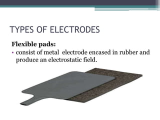 TYPES OF ELECTRODES
Flexible pads:
• consist of metal electrode encased in rubber and
produce an electrostatic field.
 