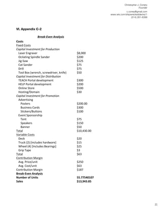 Christopher J. Conery
                                                                                                                          Founder
	
                                                                                                             c.coney@gmail.com
	
                                                                                                www.wix.com/shipwreckeddecks/1
                                                                                                                   (514) 261-6399
	
  


       VI. Appendix C-2
       	
  
                                              Break-­‐Even	
  Analysis	
  
       Costs	
  
       	
                                                                    	
  
       Fixed	
  Costs	
                                                      	
  
       Capital	
  Investment	
  for	
  Production	
                          	
  
       	
  	
  	
  Laser	
  Engraver	
  	
                                   $8,000	
  	
  
                                                                             	
  
       	
  	
  	
  Ocilating	
  Spindle	
  Sander	
                          $200	
  	
  
       	
  	
  	
  Jig-­‐Saw	
                                               $125	
  	
  
       	
  	
  	
  Cat	
  Sander	
                                           $75	
  	
  
       	
  	
  	
  Drill	
                                                   $75	
  	
  
       	
  	
  	
  Tool	
  Box	
  (wrench,	
  screwdriver,	
  knife)	
       $50	
  	
  
       Capital	
  Investment	
  for	
  Distribution	
  
       	
  	
  	
  TEACH	
  Portal	
  development	
                          $300	
  	
  
                                                                             	
  
       	
  	
  	
  HELP	
  Portal	
  development	
                           $200	
  	
  
       	
  	
  	
  Online	
  Store	
                                         $500	
  	
  
       	
  	
  	
  Hosting/Domain	
                                          $30	
  	
  
       Capital	
  Investment	
  for	
  Promotion	
  
       	
  	
  	
  Advertising	
                                             	
  
       	
  	
  	
  	
  	
  	
  Posters	
                                     $200.00	
  	
  
                                                                             	
  
       	
  	
  	
  	
  	
  	
  Business	
  Cards	
                           $300	
  	
  
       	
  	
  	
  	
  	
  	
  Stickers/Buttons	
                            $100	
  	
  
       	
  	
  	
  Event	
  Sponsorship	
  
       	
  	
  	
  	
  	
  	
  Tent	
                                        $75	
  	
  
                                                                             	
  
       	
  	
  	
  	
  	
  	
  Speakers	
                                    $150	
  	
  
       	
  	
  	
  	
  	
  	
  Banner	
                                      $50	
  	
  
       Total	
                                                               $10,430.00	
  	
  
       Variable	
  Costs	
  
       	
  	
  	
  Deck	
                                                    $20	
  	
  
                                                                             	
  
       	
  	
  	
  Truck	
  (2)	
  [includes	
  hardware]	
                  $15	
  	
  
       	
  	
  	
  Wheel	
  (4)	
  [Includes	
  Bearings]	
                  $25	
  	
  
       	
  	
  	
  Grip	
  Tape	
                                            $3	
  	
  
       Total	
                                                               $63	
  	
  
       Contribution	
  Margin	
  
       	
  	
  	
  Avg.	
  Price/unit	
                                      $250	
  	
  
                                                                             	
  
       	
  	
  	
  Avg.	
  Cost/unit	
                                       $63	
  	
  
       Contribution	
  Margin	
                                              $187	
  	
  
       Break-­‐Even	
  Analysis	
                                            	
  	
  
       Number	
  of	
  Units	
  	
                                           55.77540107	
  
       Sales	
                                                               $13,943.85	
  	
  


	
  
	
  
	
  
                                                                                                                                     22
 