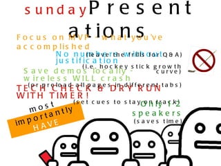 s u nd a yP           re s e nt
                    a t io n s
F o c u s o n M V P - w h a t y o u ’v e
a c c o m p lis h e d
            N o n u (m b vee r tsh ewf ri itl lh o o r t Q & A )
                          le a                  s f u
            ju s t if ic a t io n
                      ( i. e . h o c k e y s t ic k g r o w t h
  S a v e d e m o s lo c a lly -                     c urve )
  w ir e le s s W IL L c r a s h
    ( o r p r e lo a d a ll p a g e s in d if f e r e n t t a b s )
TE C H C H E C K & D R Y R UN
W IT H T IM E R !
                     (s e t   c u e s t o s t a y O n lt y a 1 -k2
                                                   on r c )
       os  t
    m           t ly
     or  ta n                                 s peakers
im p A V E                                     ( s a v e s t im e )
     H
             !!!! !!!!!
   UN  !!!!!
 F
 