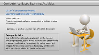 List of Competency-Based
Learning Activities for Technology
From CSWE’s EPAS….
“...use technology ethically and appropriately to facilitate practice
outcomes (p. 7).”
- Connected to practice behaviors from EPAS (skills dimension)
Competency-Based Learning Activities
Example Activity:
Search for information about yourself on the Internet
including websites, social media accounts and other online
resources, and review the content, including words and
images, for quantity, quality, and accuracy. Write down
what you find in a brief 300-word reflection.
 