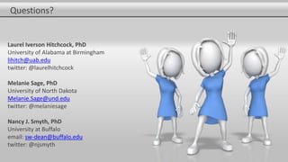 Questions?
Laurel Iverson Hitchcock, PhD
University of Alabama at Birmingham
lihitch@uab.edu
twitter: @laurelhitchcock
Melanie Sage, PhD
University of North Dakota
Melanie.Sage@und.edu
twitter: @melaniesage
Nancy J. Smyth, PhD
University at Buffalo
email: sw-dean@buffalo.edu
twitter: @njsmyth
 