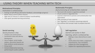 USING THEORY WHEN TEACHING WITH TECH
Social Learning
Social presence is key
• Imitation and reinforcement
• Socialization helps with identity
development
• Use of videos, social media,
avatars, discussion boards can
help reinforce social presence
• Group work
• Active/collaborative learning,
performing for public audience
Motivational Principles
motivation is enhanced by:
• Feelings of self-efficacy (formative feedback, acknowledge progress)
• Beliefs about control (allow choices)
• High level of interest in material (explain transferability)
• Clear goals (provide learning outcomes)
Multimedia Principles
dual processing of verbal/written material
• Too much info results in cognitive overload
• Chunk content in digestible bits
• Learners need time to process and contextualize new
information
• Offer previews of new material
• Use “signaling” to introduce upcoming material
• Use outlines and concept maps to prepare learners
Self-regulation
learners are active in their
learning, which is enhanced by:
• Making it clear where/how to seek
help
• Clarity about due-dates, assignment
requirements, class templates
• Support for time management
• Support for regulating distractions
 
