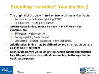 Intel
Confidential Page 6
Extending “activities” from the first 2
• The original pilot concentrated on two activities and artifacts
1. Requirement specification - yielding “EPS”
2. Test planning - yielding a “test plan”
• Additional activities, as can be seen in the V model for
example, are
3. SW design – yielding an IPS
4. Coding – yielding “code review”
5. Unit testing – yielding “test results” / “unit test scripts”
• Additional activities may be defined by implementation owners
as they see fit for them
• Each such activity yields an artifact which can be represented
by a file, which is to be available (uploaded) to the system for
tracking purposes
 
