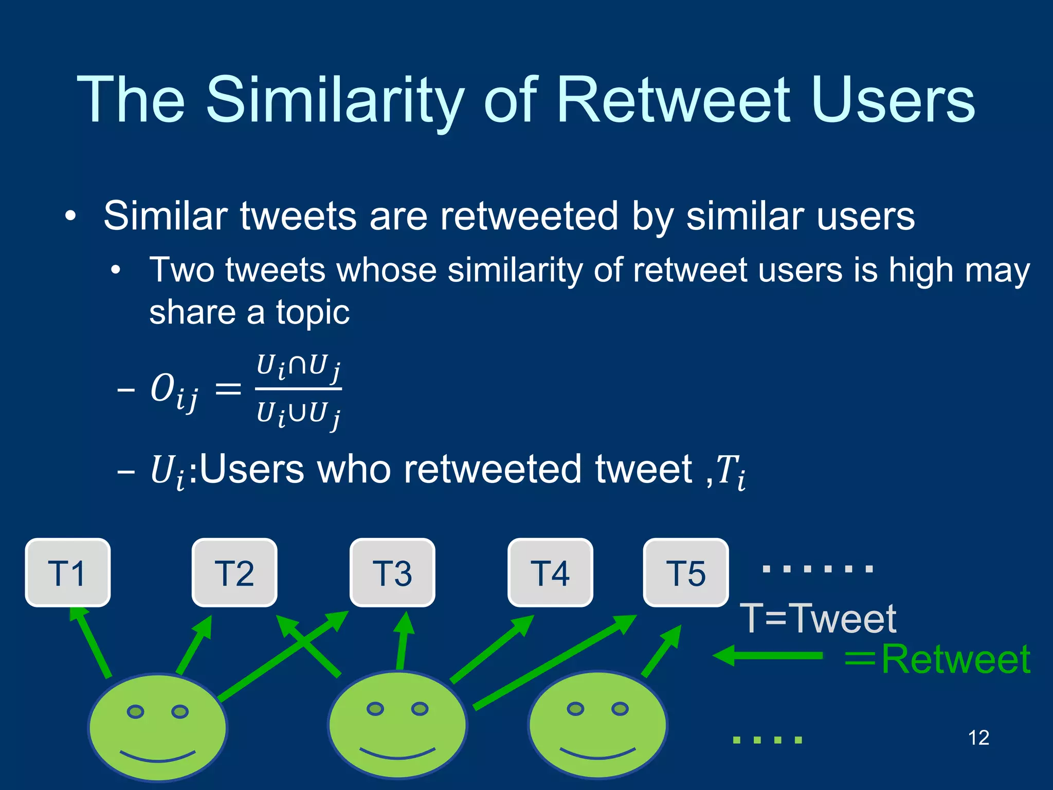 The Similarity of Retweet Users
• Similar tweets are retweeted by similar users
• Two tweets whose similarity of retweet users is high may
share a topic
– 𝑂𝑖𝑗 =
𝑈 𝑖∩𝑈 𝑗
𝑈 𝑖∪𝑈 𝑗
– 𝑈𝑖:Users who retweeted tweet ,𝑇𝑖
12・・・・
＝Retweet
T1 T2 T3 T4 T5 ・・・・・・
T=Tweet
 