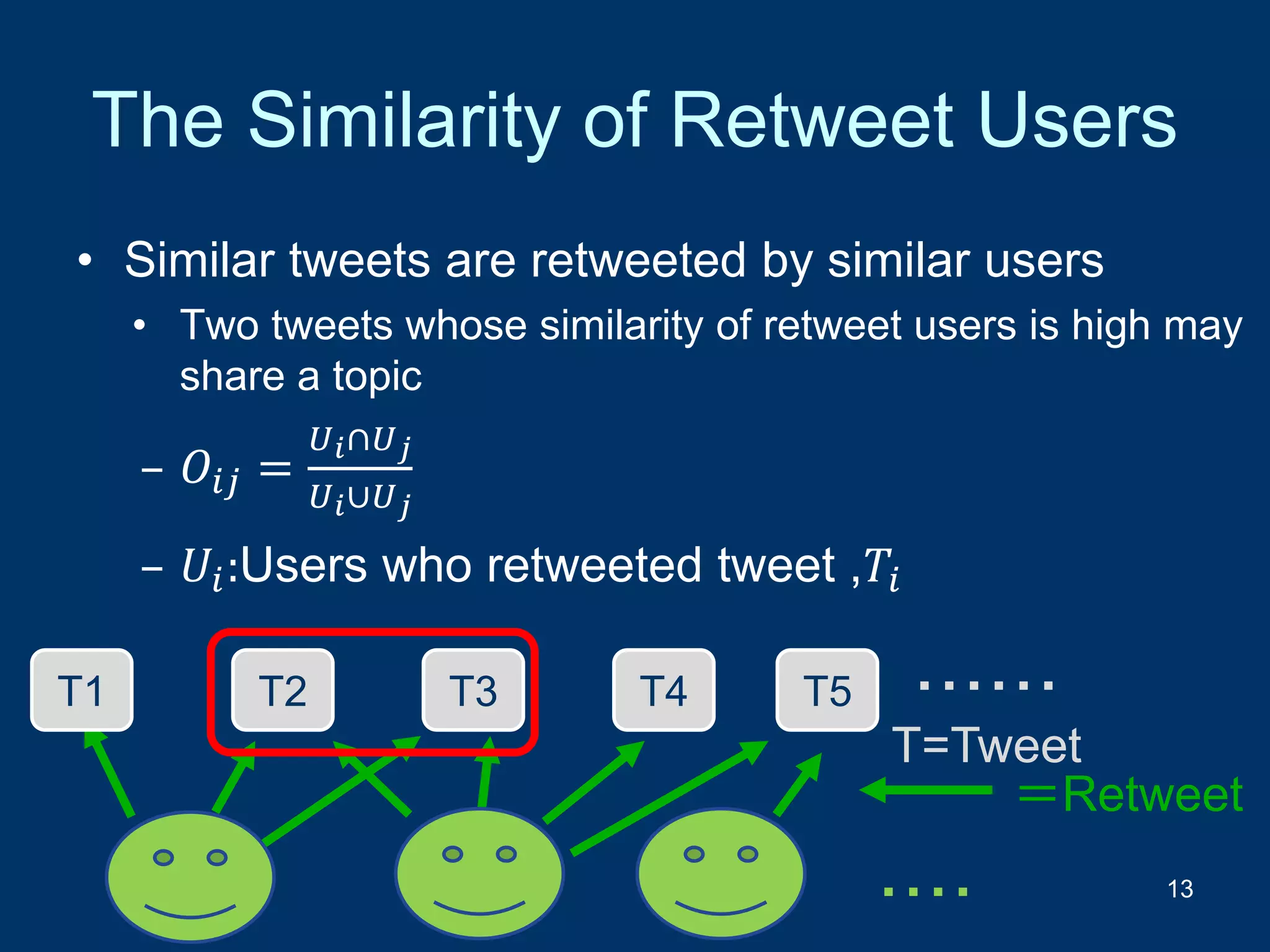 The Similarity of Retweet Users
• Similar tweets are retweeted by similar users
• Two tweets whose similarity of retweet users is high may
share a topic
– 𝑂𝑖𝑗 =
𝑈 𝑖∩𝑈 𝑗
𝑈 𝑖∪𝑈 𝑗
– 𝑈𝑖:Users who retweeted tweet ,𝑇𝑖
13・・・・
＝Retweet
T1 T2 T3 T4 T5 ・・・・・・
T=Tweet
 
