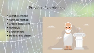 Previous Experiences
• Socratic seminars
• Harkness method
• Graded discussions
• Fishbowls
• Backchannels
• Student-lead classes
 