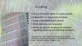 Grading
• Class and teacher agree on a group grade
• Indivualistic vs. Collectivist mindsets
• Grade is formative but is posted
• Other elements can be graded
• Allows for specific feedback for students
regarding Speaking and Listening standards
“the grade itself should always be thought of as a tool for
achieving your goals, not a weapon for wielding when the goals
haven’t yet been achieved” (Wiggins 120).
 