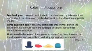 Roles in discussions
Feedback giver: doesn’t participate in the discussion by takes copious
notes about the discussion (both what went well and topics and points
made)
Three-question asker: can only participate three times during the
entire conversation, must make strategic decisions about most
beneficial contributions
Host: asked to be aware of any peers who aren’t actively involved in
the discussion and invite them in during appropriate moments
(Wiggins 95)
 