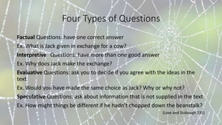 Four Types of Questions
Factual Questions: have one correct answer
Ex. What is Jack given in exchange for a cow?
Interpretive Questions: have more than one good answer
Ex. Why does Jack make the exchange?
Evaluative Questions: ask you to decide if you agree with the ideas in the
text
Ex. Would you have made the same choice as Jack? Why or why not?
Speculative Questions: ask about information that is not supplied in the text
Ex. How might things be different if he hadn’t chopped down the beanstalk?
(Love and Stobaugh 235)
 