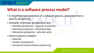 What is a software process model?
• A simplified representation of a software process, presented from a
specific perspective.
• Examples of process perspectives are:-
• Workflow perspective - sequence of activities
• Data-flow perspective - information flow
• Role/action perspective - who does what
• Generic process models:-
• Waterfall
• Iterative development
• Component-based software engineering
 