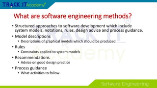 What are software engineering methods?
• Structured approaches to software development which include
system models, notations, rules, design advice and process guidance.
• Model descriptions
• Descriptions of graphical models which should be produced
• Rules
• Constraints applied to system models
• Recommendations
• Advice on good design practice
• Process guidance
• What activities to follow
 