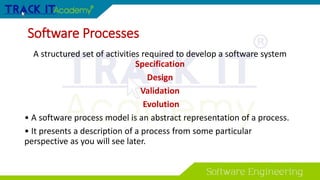 Software Processes
A structured set of activities required to develop a software system
Specification
Design
Validation
Evolution
• A software process model is an abstract representation of a process.
• It presents a description of a process from some particular
perspective as you will see later.
 