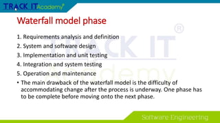 Waterfall model phase
1. Requirements analysis and definition
2. System and software design
3. Implementation and unit testing
4. Integration and system testing
5. Operation and maintenance
• The main drawback of the waterfall model is the difficulty of
accommodating change after the process is underway. One phase has
to be complete before moving onto the next phase.
 