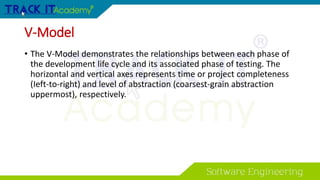 • The V-Model demonstrates the relationships between each phase of
the development life cycle and its associated phase of testing. The
horizontal and vertical axes represents time or project completeness
(Ieft-to-right) and level of abstraction (coarsest-grain abstraction
uppermost), respectively.
V-Model
 