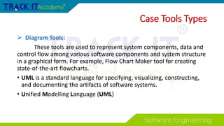 Case Tools Types
 Diagram Tools:
These tools are used to represent system components, data and
control flow among various software components and system structure
in a graphical form. For example, Flow Chart Maker tool for creating
state-of-the-art flowcharts.
• UML is a standard language for specifying, visualizing, constructing,
and documenting the artifacts of software systems.
• Unified Modelling Language (UML)
 