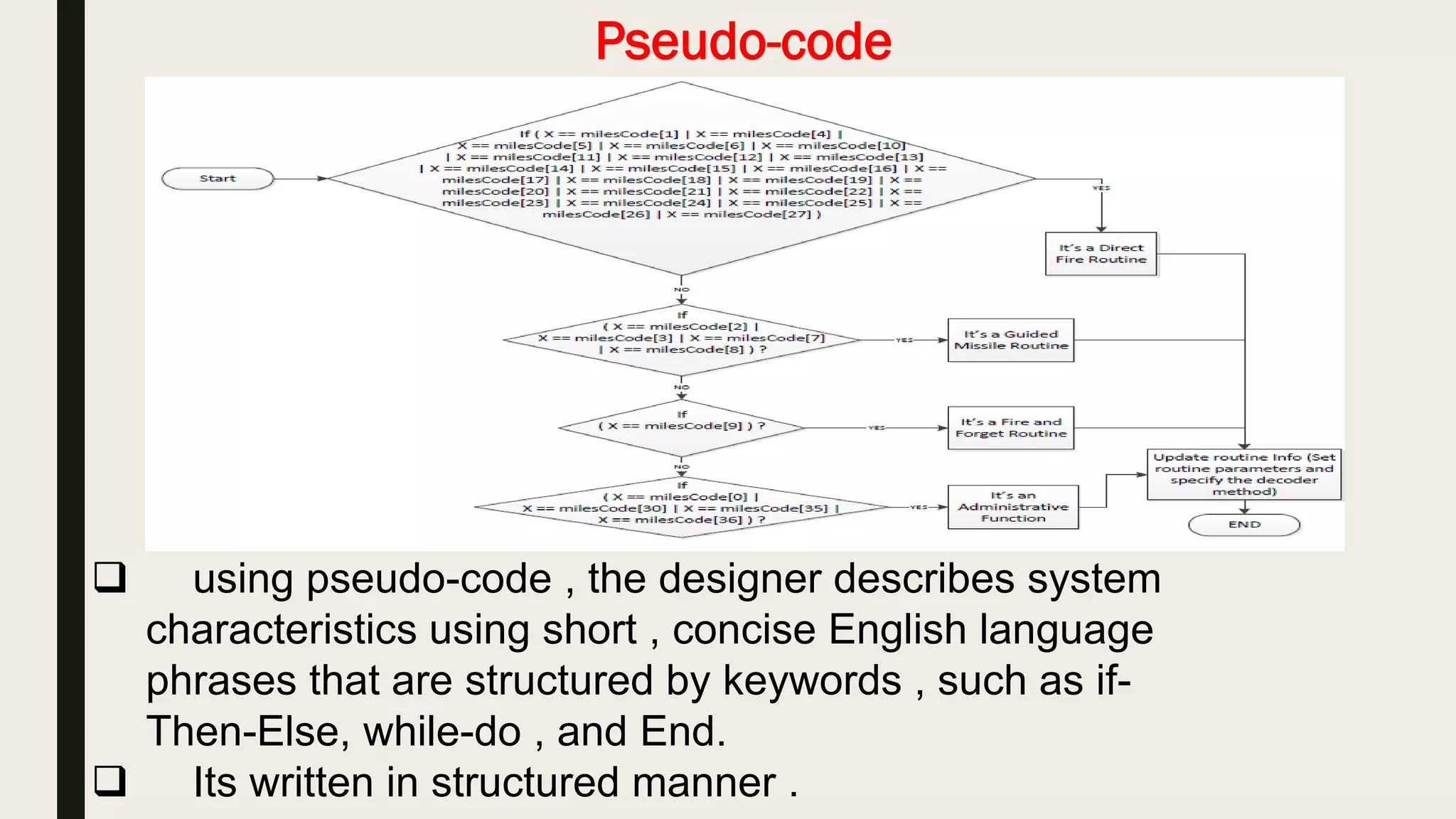 Pseudo-code
 using pseudo-code , the designer describes system
characteristics using short , concise English language
phrases that are structured by keywords , such as if-
Then-Else, while-do , and End.
 Its written in structured manner .
 