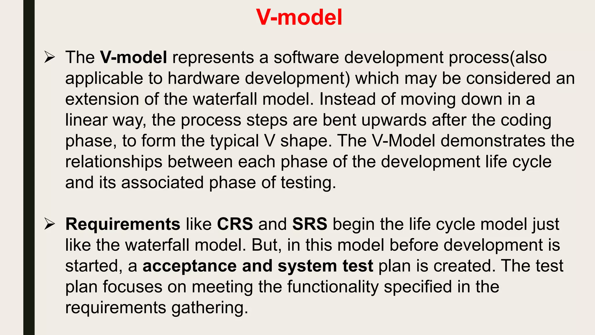 Developers life cycle V-Model Tester life cycle
Requirements
specification
High level Design
Low level Design
coding
Software code
Unit testing
Component testing
Integration Testing
System testing
 