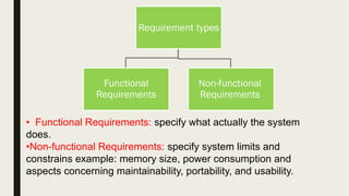 • Functional Requirements: specify what actually the system
does.
•Non-functional Requirements: specify system limits and
constrains example: memory size, power consumption and
aspects concerning maintainability, portability, and usability.
Requirement types
Functional
Requirements
Non-functional
Requirements
 