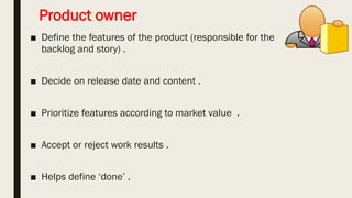 Scrum framework
•Sprint planning
•Sprint review
•Sprint retrospective
•Daily scrum meeting
Ceremonies
•Product owner
•ScrumMaster
•Team
Roles
•Product backlog
•Sprint backlog
Artifacts
 