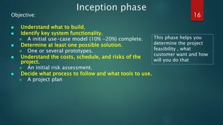 Inception phase
Objective:
 Understand what to build.
 Identify key system functionality.
 A initial use-case model (10...