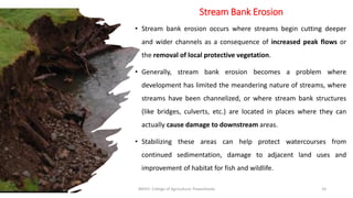Stream Bank Erosion
• Stream bank erosion occurs where streams begin cutting deeper
and wider channels as a consequence of increased peak flows or
the removal of local protective vegetation.
• Generally, stream bank erosion becomes a problem where
development has limited the meandering nature of streams, where
streams have been channelized, or where stream bank structures
(like bridges, culverts, etc.) are located in places where they can
actually cause damage to downstream areas.
• Stabilizing these areas can help protect watercourses from
continued sedimentation, damage to adjacent land uses and
improvement of habitat for fish and wildlife.
JNKVV- College of Agriculture, Powarkheda 24
 