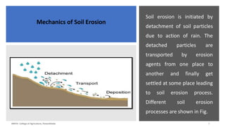 JNKVV- College of Agriculture, Powarkheda
Soil erosion is initiated by
detachment of soil particles
due to action of rain. The
detached particles are
transported by erosion
agents from one place to
another and finally get
settled at some place leading
to soil erosion process.
Different soil erosion
processes are shown in Fig.
5
Mechanics of Soil Erosion
 