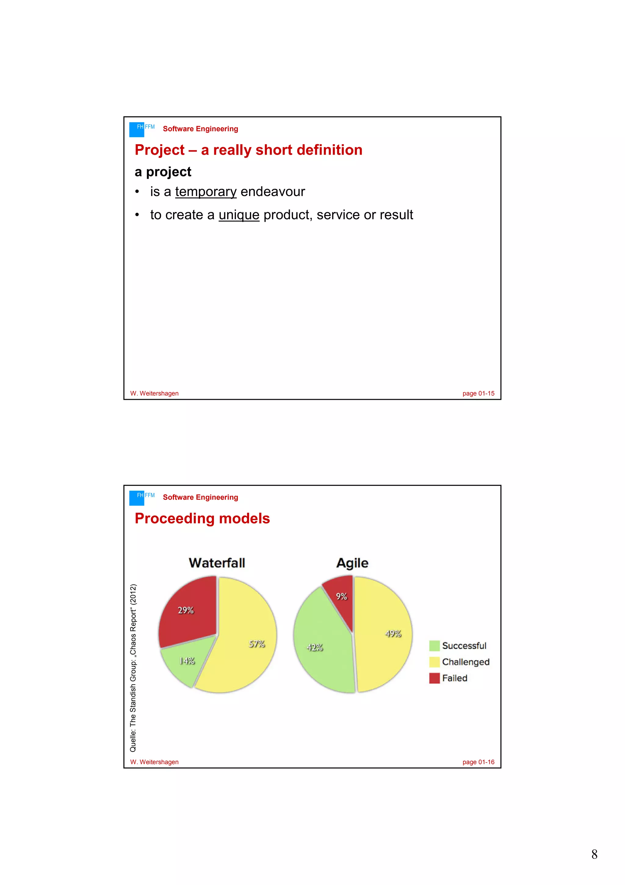 FH FFM

Software Engineering

Project – a really short definition
a project
• is a temporary endeavour
• to create a unique product, service or result

W. Weitershagen

FH FFM

page 01-15

Software Engineering

Quelle: The Standish Group: „Chaos Report“ (2012)

Proceeding models

W. Weitershagen

page 01-16

8

 