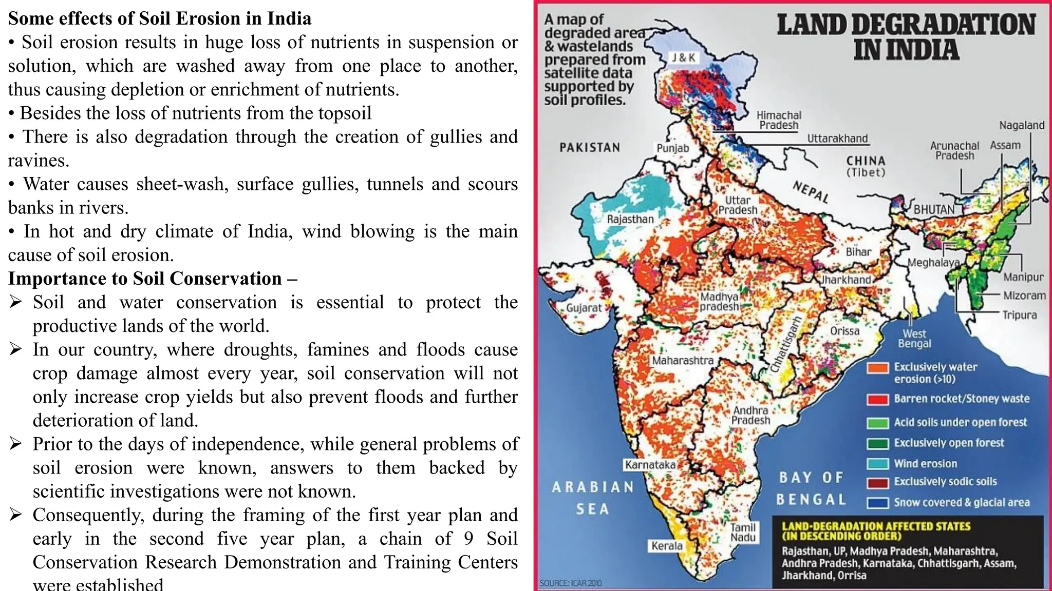 Some effects of Soil Erosion in India
• Soil erosion results in huge loss of nutrients in suspension or
solution, which are washed away from one place to another,
thus causing depletion or enrichment of nutrients.
• Besides the loss of nutrients from the topsoil
• There is also degradation through the creation of gullies and
ravines.
• Water causes sheet-wash, surface gullies, tunnels and scours
banks in rivers.
• In hot and dry climate of India, wind blowing is the main
cause of soil erosion.
Importance to Soil Conservation –
➢ Soil and water conservation is essential to protect the
productive lands of the world.
➢ In our country, where droughts, famines and floods cause
crop damage almost every year, soil conservation will not
only increase crop yields but also prevent floods and further
deterioration of land.
➢ Prior to the days of independence, while general problems of
soil erosion were known, answers to them backed by
scientific investigations were not known.
➢ Consequently, during the framing of the first year plan and
early in the second five year plan, a chain of 9 Soil
Conservation Research Demonstration and Training Centers
 