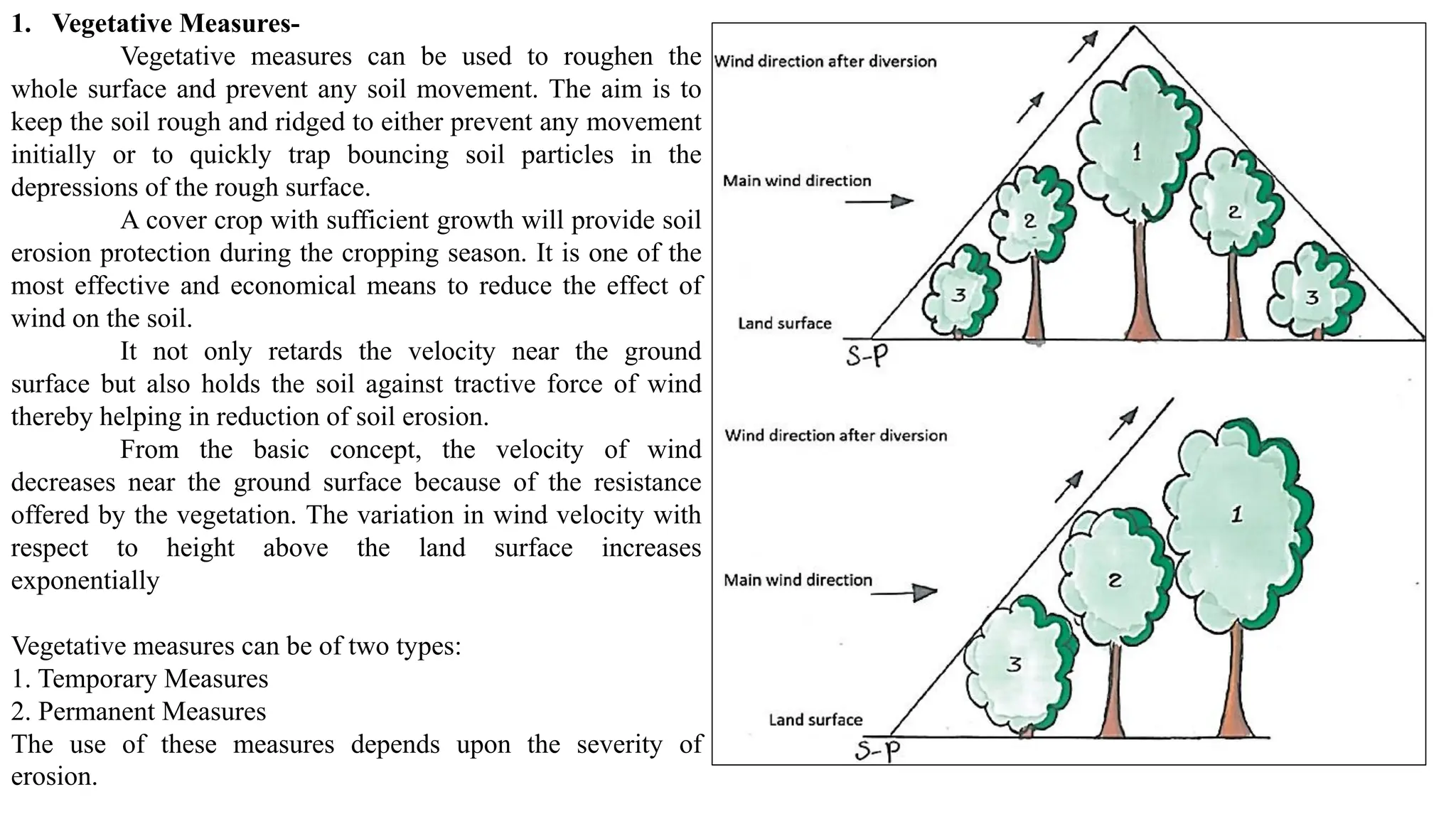 1. Vegetative Measures-
Vegetative measures can be used to roughen the
whole surface and prevent any soil movement. The aim is to
keep the soil rough and ridged to either prevent any movement
initially or to quickly trap bouncing soil particles in the
depressions of the rough surface.
A cover crop with sufficient growth will provide soil
erosion protection during the cropping season. It is one of the
most effective and economical means to reduce the effect of
wind on the soil.
It not only retards the velocity near the ground
surface but also holds the soil against tractive force of wind
thereby helping in reduction of soil erosion.
From the basic concept, the velocity of wind
decreases near the ground surface because of the resistance
offered by the vegetation. The variation in wind velocity with
respect to height above the land surface increases
exponentially
Vegetative measures can be of two types:
1. Temporary Measures
2. Permanent Measures
The use of these measures depends upon the severity of
erosion.
 