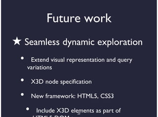 Future work
★ Seamless dynamic exploration
 •    Extend visual representation and query
     variations

 •       X3D node specification

 •       New framework: HTML5, CSS3

     •    Include X3D elements as part of
                         23
 