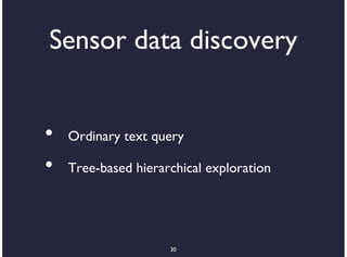 Sensor data discovery


•   Ordinary text query

•   Tree-based hierarchical exploration




                     30
 