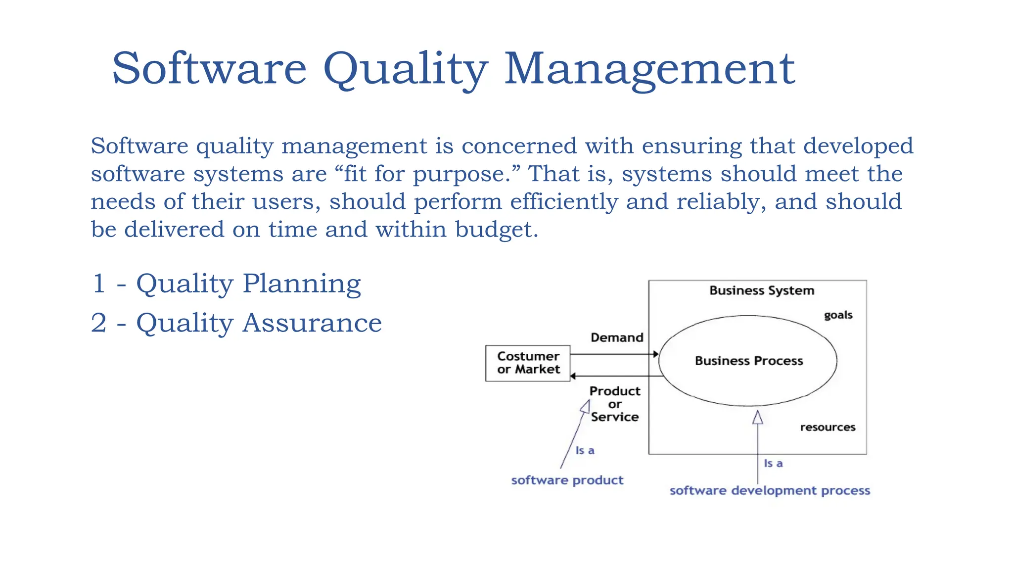 Software Quality Management
1 - Quality Planning
2 - Quality Assurance
Software quality management is concerned with ensuring that developed
software systems are “fit for purpose.” That is, systems should meet the
needs of their users, should perform efficiently and reliably, and should
be delivered on time and within budget.
 