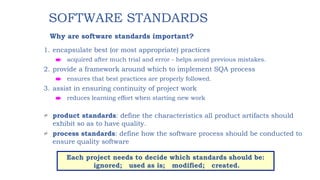 1. encapsulate best (or most appropriate) practices
è acquired after much trial and error - helps avoid previous mistakes.
2. provide a framework around which to implement SQA process
è ensures that best practices are properly followed.
3. assist in ensuring continuity of project work
è reduces learning effort when starting new work
 product standards: define the characteristics all product artifacts should
exhibit so as to have quality.
 process standards: define how the software process should be conducted to
ensure quality software
SOFTWARE STANDARDS
Why are software standards important?
Each project needs to decide which standards should be:
ignored; used as is; modified; created.
 