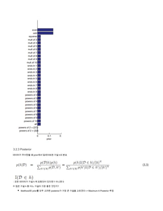 3.2.3 Posterior
데이터가 주어졌을 때 prior에서 업데이트된 가설 h의 분포
 : 모든 데이터가 가설 h 에 포함되어 있다면 1 아니면 0
수 많은 가설 h 중 어느 가설이 가장 좋은 것인가?
likelihood와 prior를 모두 고려한 posterior가 가장 큰 가설을 고르겠다--> Maximum A Posterior 추정
          
 