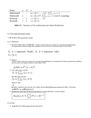  
3.3 The beta-binomial model
* 다른 문제에 대한 generative model
3.3.1 Likelihood
동전 던지기 문제는 베르누이 분포를 따른다.  Unable to render content due to system error: java.lang.ClassCastException:
com.stepstonetech.confluence.plugins.latex.LatexMacro cannot be cast to com.atlassian.renderer.v2.macro.Macro
           
 
likelihood 
Unable to render content due to system error: java.lang.ClassCastException: com.stepstonetech.confluence.plugins.latex.LatexMacro
 이므로 cannot be cast to com.atlassian.renderer.v2.macro.Macro
  
 N 번 시행시 head가 나온 횟수: 
N번 시행시 tail이 나온 횟수:
데이터 N1, N0은 
를 추론하기 위해 알아야 하는 D의 모든 것이기 때문에, 데이터의 충분 통계량(sufficient statistic)이라 부른다. 수학적으로는  
즉 likelihood는 다음과 같은 이항 분포(binomial) 모양이다. (n k) 항은 θ랑 독립이기 사라져도 상관없다
3.3.2 Prior
계산을 편하게 하기 위해서 likelihood와 같은 모양으로 한다
          
 