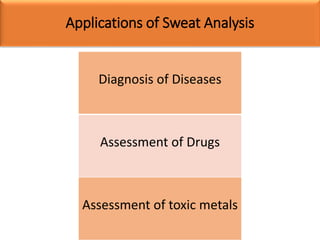 Applications of Sweat Analysis
Diagnosis of Diseases
Assessment of Drugs
Assessment of toxic metals
 