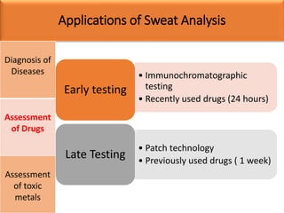 Applications of Sweat Analysis
Diagnosis of
Diseases
Assessment
of Drugs
Assessment
of toxic
metals
• Immunochromatographic
testing
• Recently used drugs (24 hours)
Early testing
• Patch technology
• Previously used drugs ( 1 week)
Late Testing
 