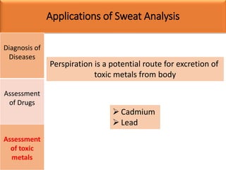 Applications of Sweat Analysis
Diagnosis of
Diseases
Assessment
of Drugs
Assessment
of toxic
metals
Perspiration is a potential route for excretion of
toxic metals from body
 Cadmium
 Lead
 