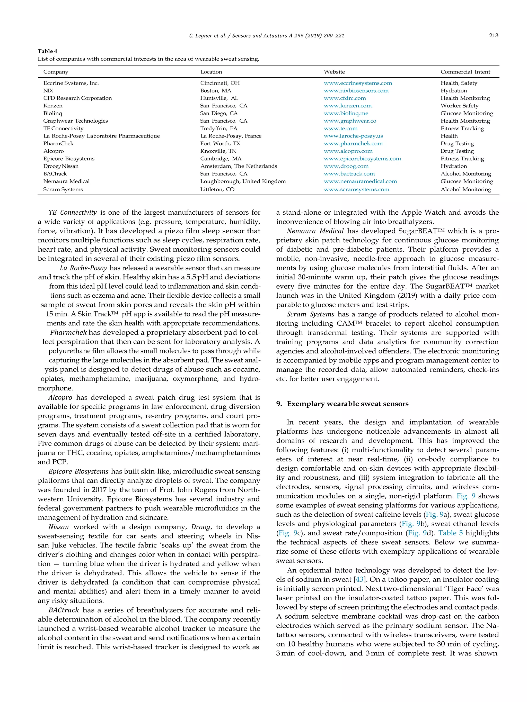 C. Legner et al. / Sensors and Actuators A 296 (2019) 200–221 213
Table 4
List of companies with commercial interests in the area of wearable sweat sensing.
Company Location Website Commercial Intent
Eccrine Systems, Inc. Cincinnati, OH www.eccrinesystems.com Health, Safety
NIX Boston, MA www.nixbiosensors.com Hydration
CFD Research Corporation Huntsville, AL www.cfdrc.com Health Monitoring
Kenzen San Francisco, CA www.kenzen.com Worker Safety
Biolinq San Diego, CA www.biolinq.me Glucose Monitoring
Graphwear Technologies San Francisco, CA www.graphwear.co Health Monitoring
TE Connectivity Tredyffrin, PA www.te.com Fitness Tracking
La Roche-Posay Laboratoire Pharmaceutique La Roche-Posay, France www.laroche-posay.us Health
PharmChek Fort Worth, TX www.pharmchek.com Drug Testing
Alcopro Knoxville, TN www.alcopro.com Drug Testing
Epicore Biosystems Cambridge, MA www.epicorebiosystems.com Fitness Tracking
Droog/Nissan Amsterdam, The Netherlands www.droog.com Hydration
BACtrack San Francisco, CA www.bactrack.com Alcohol Monitoring
Nemaura Medical Loughborough, United Kingdom www.nemauramedical.com Glucose Monitoring
Scram Systems Littleton, CO www.scramsystems.com Alcohol Monitoring
TE Connectivity is one of the largest manufacturers of sensors for
a wide variety of applications (e.g. pressure, temperature, humidity,
force, vibration). It has developed a piezo ﬁlm sleep sensor that
monitors multiple functions such as sleep cycles, respiration rate,
heart rate, and physical activity. Sweat monitoring sensors could
be integrated in several of their existing piezo ﬁlm sensors.
La Roche-Posay has released a wearable sensor that can measure
and track the pH of skin. Healthy skin has a 5.5 pH and deviations
from this ideal pH level could lead to inﬂammation and skin condi-
tions such as eczema and acne. Their ﬂexible device collects a small
sample of sweat from skin pores and reveals the skin pH within
15 min. A Skin TrackTM pH app is available to read the pH measure-
ments and rate the skin health with appropriate recommendations.
Pharmchek has developed a proprietary absorbent pad to col-
lect perspiration that then can be sent for laboratory analysis. A
polyurethane ﬁlm allows the small molecules to pass through while
capturing the large molecules in the absorbent pad. The sweat anal-
ysis panel is designed to detect drugs of abuse such as cocaine,
opiates, methamphetamine, marijuana, oxymorphone, and hydro-
morphone.
Alcopro has developed a sweat patch drug test system that is
available for speciﬁc programs in law enforcement, drug diversion
programs, treatment programs, re-entry programs, and court pro-
grams. The system consists of a sweat collection pad that is worn for
seven days and eventually tested off-site in a certiﬁed laboratory.
Five common drugs of abuse can be detected by their system: mari-
juana or THC, cocaine, opiates, amphetamines/methamphetamines
and PCP.
Epicore Biosystems has built skin-like, microﬂuidic sweat sensing
platforms that can directly analyze droplets of sweat. The company
was founded in 2017 by the team of Prof. John Rogers from North-
western University. Epicore Biosystems has several industry and
federal government partners to push wearable microﬂuidics in the
management of hydration and skincare.
Nissan worked with a design company, Droog, to develop a
sweat-sensing textile for car seats and steering wheels in Nis-
san Juke vehicles. The textile fabric ‘soaks up’ the sweat from the
driver’s clothing and changes color when in contact with perspira-
tion — turning blue when the driver is hydrated and yellow when
the driver is dehydrated. This allows the vehicle to sense if the
driver is dehydrated (a condition that can compromise physical
and mental abilities) and alert them in a timely manner to avoid
any risky situations.
BACtrack has a series of breathalyzers for accurate and reli-
able determination of alcohol in the blood. The company recently
launched a wrist-based wearable alcohol tracker to measure the
alcohol content in the sweat and send notiﬁcations when a certain
limit is reached. This wrist-based tracker is designed to work as
a stand-alone or integrated with the Apple Watch and avoids the
inconvenience of blowing air into breathalyzers.
Nemaura Medical has developed SugarBEATTM which is a pro-
prietary skin patch technology for continuous glucose monitoring
of diabetic and pre-diabetic patients. Their platform provides a
mobile, non-invasive, needle-free approach to glucose measure-
ments by using glucose molecules from interstitial ﬂuids. After an
initial 30-minute warm up, their patch gives the glucose readings
every ﬁve minutes for the entire day. The SugarBEATTM market
launch was in the United Kingdom (2019) with a daily price com-
parable to glucose meters and test strips.
Scram Systems has a range of products related to alcohol mon-
itoring including CAMTM bracelet to report alcohol consumption
through transdermal testing. Their systems are supported with
training programs and data analytics for community correction
agencies and alcohol-involved offenders. The electronic monitoring
is accompanied by mobile apps and program management center to
manage the recorded data, allow automated reminders, check-ins
etc. for better user engagement.
9. Exemplary wearable sweat sensors
In recent years, the design and implantation of wearable
platforms has undergone noticeable advancements in almost all
domains of research and development. This has improved the
following features: (i) multi-functionality to detect several param-
eters of interest at near real-time, (ii) on-body compliance to
design comfortable and on-skin devices with appropriate ﬂexibil-
ity and robustness, and (iii) system integration to fabricate all the
electrodes, sensors, signal processing circuits, and wireless com-
munication modules on a single, non-rigid platform. Fig. 9 shows
some examples of sweat sensing platforms for various applications,
such as the detection of sweat caffeine levels (Fig. 9a), sweat glucose
levels and physiological parameters (Fig. 9b), sweat ethanol levels
(Fig. 9c), and sweat rate/composition (Fig. 9d). Table 5 highlights
the technical aspects of these sweat sensors. Below we summa-
rize some of these efforts with exemplary applications of wearable
sweat sensors.
An epidermal tattoo technology was developed to detect the lev-
els of sodium in sweat [43]. On a tattoo paper, an insulator coating
is initially screen printed. Next two-dimensional ‘Tiger Face’ was
laser printed on the insulator-coated tattoo paper. This was fol-
lowed by steps of screen printing the electrodes and contact pads.
A sodium selective membrane cocktail was drop-cast on the carbon
electrodes which served as the primary sodium sensor. The Na-
tattoo sensors, connected with wireless transceivers, were tested
on 10 healthy humans who were subjected to 30 min of cycling,
3 min of cool-down, and 3 min of complete rest. It was shown
 