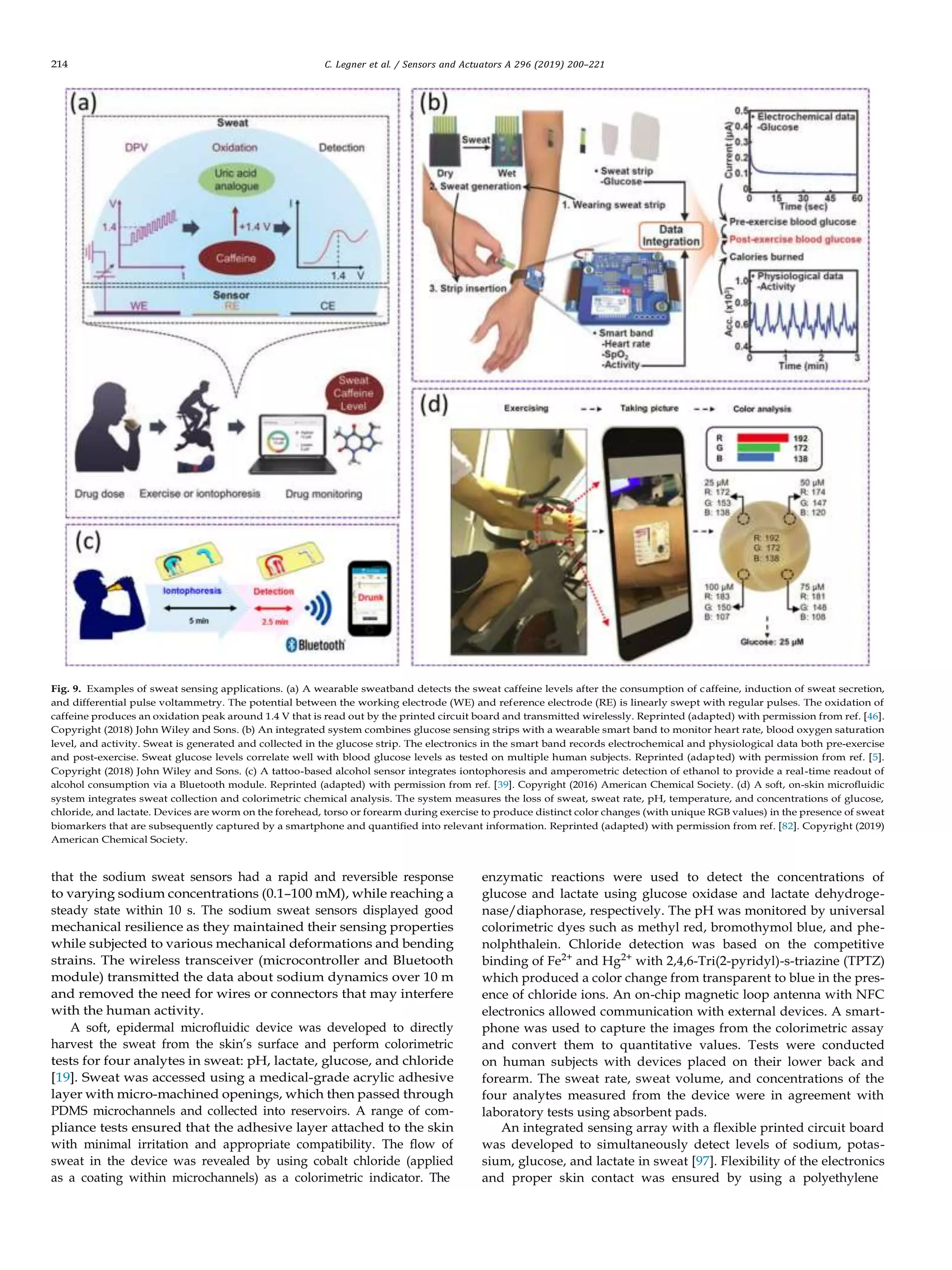 214 C. Legner et al. / Sensors and Actuators A 296 (2019) 200–221
Fig. 9. Examples of sweat sensing applications. (a) A wearable sweatband detects the sweat caffeine levels after the consumption of caffeine, induction of sweat secretion,
and differential pulse voltammetry. The potential between the working electrode (WE) and reference electrode (RE) is linearly swept with regular pulses. The oxidation of
caffeine produces an oxidation peak around 1.4 V that is read out by the printed circuit board and transmitted wirelessly. Reprinted (adapted) with permission from ref. [46].
Copyright (2018) John Wiley and Sons. (b) An integrated system combines glucose sensing strips with a wearable smart band to monitor heart rate, blood oxygen saturation
level, and activity. Sweat is generated and collected in the glucose strip. The electronics in the smart band records electrochemical and physiological data both pre-exercise
and post-exercise. Sweat glucose levels correlate well with blood glucose levels as tested on multiple human subjects. Reprinted (adapted) with permission from ref. [5].
Copyright (2018) John Wiley and Sons. (c) A tattoo-based alcohol sensor integrates iontophoresis and amperometric detection of ethanol to provide a real-time readout of
alcohol consumption via a Bluetooth module. Reprinted (adapted) with permission from ref. [39]. Copyright (2016) American Chemical Society. (d) A soft, on-skin microﬂuidic
system integrates sweat collection and colorimetric chemical analysis. The system measures the loss of sweat, sweat rate, pH, temperature, and concentrations of glucose,
chloride, and lactate. Devices are worm on the forehead, torso or forearm during exercise to produce distinct color changes (with unique RGB values) in the presence of sweat
biomarkers that are subsequently captured by a smartphone and quantiﬁed into relevant information. Reprinted (adapted) with permission from ref. [82]. Copyright (2019)
American Chemical Society.
that the sodium sweat sensors had a rapid and reversible response
to varying sodium concentrations (0.1–100 mM), while reaching a
steady state within 10 s. The sodium sweat sensors displayed good
mechanical resilience as they maintained their sensing properties
while subjected to various mechanical deformations and bending
strains. The wireless transceiver (microcontroller and Bluetooth
module) transmitted the data about sodium dynamics over 10 m
and removed the need for wires or connectors that may interfere
with the human activity.
A soft, epidermal microﬂuidic device was developed to directly
harvest the sweat from the skin’s surface and perform colorimetric
tests for four analytes in sweat: pH, lactate, glucose, and chloride
[19]. Sweat was accessed using a medical-grade acrylic adhesive
layer with micro-machined openings, which then passed through
PDMS microchannels and collected into reservoirs. A range of com-
pliance tests ensured that the adhesive layer attached to the skin
with minimal irritation and appropriate compatibility. The ﬂow of
sweat in the device was revealed by using cobalt chloride (applied
as a coating within microchannels) as a colorimetric indicator. The
enzymatic reactions were used to detect the concentrations of
glucose and lactate using glucose oxidase and lactate dehydroge-
nase/diaphorase, respectively. The pH was monitored by universal
colorimetric dyes such as methyl red, bromothymol blue, and phe-
nolphthalein. Chloride detection was based on the competitive
binding of Fe2+
and Hg2+
with 2,4,6-Tri(2-pyridyl)-s-triazine (TPTZ)
which produced a color change from transparent to blue in the pres-
ence of chloride ions. An on-chip magnetic loop antenna with NFC
electronics allowed communication with external devices. A smart-
phone was used to capture the images from the colorimetric assay
and convert them to quantitative values. Tests were conducted
on human subjects with devices placed on their lower back and
forearm. The sweat rate, sweat volume, and concentrations of the
four analytes measured from the device were in agreement with
laboratory tests using absorbent pads.
An integrated sensing array with a ﬂexible printed circuit board
was developed to simultaneously detect levels of sodium, potas-
sium, glucose, and lactate in sweat [97]. Flexibility of the electronics
and proper skin contact was ensured by using a polyethylene
 