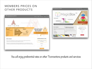 MEMBERS PRICES ON 
OTHER PRODUCTS 
You will enjoy preferential rates on other 7connections products and services 
 