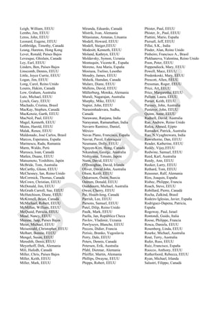 Leigh, William, EEUU
Lembo, Jim, EEUU
Lenss, John, EEUU
Leonard, Eugene, EEUU
Lethbridge, Timothy, Canadá
Leung, Hareton, Hong Kong
Lever, Ronald, Países Bajos
Levesque, Ghislain, Canadá
Ley, Earl, EEUU
Linders, Ben, Países Bajos
Linscomb, Dennis, EEUU
Little, Joyce Currie, EEUU
Logan, Jim, EEUU
Long, Carol, Reino Unido
Lounis, Hakim, Canadá
Low, Graham, Australia
Lutz, Michael, EEUU
Lynch, Gary, EEUU
Machado, Cristina, Brasil
MacKay, Stephen, Canadá
MacKenzie, Garth, EEUU
MacNeil, Paul, EEUU
Magel, Kenneth, EEUU
Mains, Harold, EEUU
Malak, Renee, EEUU
Maldonado, José Carlos, Brasil
Marcos, Esperanza, España
Marinescu, Radu, Rumanía
Marm, Waldo, Perú
Marusca, Ioan, Canadá
Matlen, Duane, EEUU
Matsumoto, Yoshihiro, Japón
McBride, Tom, Australia
McCarthy, Glenn, EEUU
McChesney, Ian, Reino Unido
McCormick, Thomas, Canadá
McCown, Christian, EEUU
McDonald, Jim, EEUU
McGrath Carroll, Sue, EEUU
McHutchison, Diane, EEUU
McKinnell, Brian, Canadá
McMichael, Robert, EEUU
McMillan, William, EEUU
McQuaid, Patricia, EEUU
Mead, Nancy, EEUU
Meeuse, Jaap, Países Bajos
Meier, Michael, EEUU
Meisenzahl, Christopher, EEUU
Melhart, Bonnie, EEUU
Mengel, Susan, EEUU
Meredith, Denis, EEUU
Meyerhoff, Dirk, Alemania
Mili, Hafedh, Canadá
Miller, Chris, Países Bajos
Miller, Keith, EEUU
Miller, Mark, EEUU
Miranda, Eduardo, Canadá
Mistrik, Ivan, Alemania
Mitasiunas, Antanas, Lituania
Modell, Howard, EEUU
Modell, Staiger,EEUU
Modesitt, Kenneth, EEUU
Moland, Kathryn, EEUU
Moldavsky, Symon, Ucrania
Montequín, Vicente R., España
Moreno, Ana Maria, España
Mosiuoa, Tseliso, Lesotho
Moudry, James, EEUU
Msheik, Hamdan, Canadá
Mularz, Diane, EEUU
Mullens, David, EEUU
Müllerburg, Monika, Alemania
Murali, Nagarajan, Australia
Murphy, Mike, EEUU
Napier, John, EEUU
Narasimhadevara, Sudha,
Canadá
Narawane, Ranjana, India
Narayanan, Ramanathan, India
Navarro Ramirez, Daniel,
México
Navas Plano, Francisco, España
Navrat, Pavol, Eslovaquia
Neumann, Dolly, EEUU
Nguyen-Kim, Hong, Canadá
Nikandros, George, Australia
Nishiyama, Tetsuto, Japón
Nunn, David, EEUU
O'Donoghue, David, Irlanda
Oliver, David John, Australia
Olson, Keith, EEUU
Oskarsson, Östen, Suecia
Ostrom, Donald, EEUU
Oudshoorn, Michael, Australia
Owen, Cherry, EEUU
Pai, Hsueh-Ieng, Canadá
Parrish, Lee, EEUU
Parsons, Samuel, EEUU
Patel, Dilip, Reino Unido
Paulk, Mark, EEUU
Paella, Jan, República Checa
Pavlov, Vladimir, Ucrania
Pawlyszyn, Blanche, EEUU
Pecceu, Didier, Francia
Perisic, Branko, Yugoslavia
Perry, Dale, EEUU
Peters, Dennis, Canadá
Petersen, Erik, Australia
Pfahl, Dietmar, Alemania
Pfeiffer, Martin, Alemania
Phillips, Dwayne, EEUU
Phipps, Robert, EEUU
Phister, Paul, EEUU
Phister, Jr., Paul, EEUU
Piattini, Mario, España
Piersall, Jeff, EEUU
Pillai, S.K., India
Pinder, Alan, Reino Unido
Pinheiro, Francisco A., Brasil
Plekhanova, Valentina, Reino Unido
Poon, Peter, EEUU
Poppendieck, Mary, EEUU
Powell, Mace, EEUU
Predenkoski, Mary, EEUU
Prescott, Allen, EEUU
Pressman, Roger, EEUU
Price, Art, EEUU
Price, Margaretha, EEUU
Pullum, Laura, EEUU
Purser, Keith, EEUU
Purssey, John, Australia
Pustaver, John, EEUU
Quinn, Anne, EEUU
Radnell, David, Australia
Rae, Andrew, Reino Unido
Rafea, Ahmed, Ejipto
Ramsden, Patrick, Australia
Rao, N.Vyaghrewara, India
Rawsthorne, Dan, EEUU
Reader, Katherine, EEUU
Reddy, Vijay,EEUU
Redwine, Samuel, EEUU
Reed, Karl, Australia
Reedy, Ann, EEUU
Reeker, Larry, EEUU
Rethard, Tom, EEUU
Reussner, Ralf, Alemania
Rios, Joaquin, España
Risbec, Philippe, Francia
Roach, Steve, EEUU
Robillard, Pierre, Canadá
Rocha, Zalkind, Brasil
Rodeiro Iglesias, Javier, España
Rodriguez-Dapena, Patricia,
España
Rogoway, Paul, Israel
Rontondi, Guido, Italia
Roose, Philippe, Francia
Rosca, Daniela, EEUU
Rosenberg, Linda, EEUU
Rourke, Michael, Australia
Rout, Terry, Australia
Rufer, Russ, EEUU
Ruiz, Francisco, España
Ruocco, Anthony, EEUU
Rutherfoord, Rebecca, EEUU
Ryan, Michael, Irlanda
Salustri, Filippo, Canadá
Borrador
 