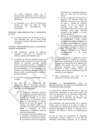 Los temas propuestos deben ser lo
suficientemente significantes incluso cuando se
citan fuera de la Guía al Cuerpo de Conocimiento
del Software.
j) La descripción de un Área de Conocimiento
incluirá una figura (en forma de árbol)
describiendo la descomposición del
conocimiento.
CRITERIOS Y REQUERIMIENTOS PARA LA DESCRIPCIÓN
DE TEMAS
a) Los temas necesitan solo ser descritos hasta un
nivel apropiado para que el lector pueda
seleccionar el material referenciado acorde a sus
necesidades.
CRITERIOS Y REQUERIMIENTOS PARA LA SELECCIÓN DE
MATERIAL DE REFERENCIA
a) Debe identificarse material de referencia
específico a cada tema. Los materiales de
referencia pueden cubrir múltiples temas.
b) El material de referencia propuesto pueden ser
capítulos de libro, artículos de revista revisados,
artículos de referencia revisados, reportes
técnicos o de empresa revisados, o cualquier otro
tipo de artefactos como documentos Web. Deben
de estar disponibles y no ser confidenciales por
naturaleza. Las referencias deberían de ser lo más
precisas posibles especificando los capítulos o
secciones relevantes.
c) El material de referencia propuesto debe de estar
en Ingles.
d) Para cada Área de Conocimiento debe
seleccionarse una un número de referencias
apropiado. Las siguientes guías deben usarse para
determinar el numero apropiado:
 Si el material referenciado estuviese
escrito de manera coherente siguiendo la
descomposición propuesta y en un estilo
uniforme (por ejemplo, en un nuevo
libro basado en la descripción de las
Áreas de Conocimiento), el objetivo
debería de ser unas 500 páginas. Sin
embargo, este objetivo puede no ser
alcanzable en la selección de referencias
debido a diferencias en estilo,
sobreposición y redundancia entre los
materiales seleccionados.
 La cantidad de material de referencia de
ser razonable si constituyese el material
de estudio para el Área de Conocimiento
de un examen de licencia de ingeniería
del software que un graduado debería de
pasar tras cuatro años de experiencia
laboral.
 La Guía al cuerpo de Conocimiento de
Ingeniería del Software busca por
definición ser selectivo en su selección
de temas y material de referencia
asociado. La lista de material de
referencia para cada Área de
Conocimiento debería de ser visto y será
presentado como una ―selección
razonable y bien fundada‖ y no como
una lista definitiva.
 Material de referencia adicional puede
ser incluido en la lista de ―Lecturas
Complementarias‖. Estas lecturas
complementarias deben relacionarse con
los temas en la descomposición. Además
deben comentarse en el conocimiento
globalmente aceptado. No debería de
haber una matriz entre el material de
referencia contenido en las Lecturas
Complementarias y los temas
individuales.
e) Si se considera posible y rentable por el IEEE
Computer Society, el material de referencia
seleccionado será publicado en la Web de la Guía
al Cuerpo de Conocimiento de la Ingeniería del
Software. Para facilitar esta tarea, se debería
referenciar materiales cuyo copyright ya
pertenecen al IEEE Computer Society. Sin
embargo, esto no debería considerarse como una
restricción o una obligación.
f) Debe proporcionarse una matriz con los
materiales de referencia versus temas
CRITERIOS Y REQUERIMIENTOS PARA LA
IDENTIFICACIÓN DE LAS ÁREAS DE CONOCIMIENTO DE
LAS DISCIPLINAS RELACIONADAS
Se espera de los editores asociados de las Áreas de
Conocimiento identifiquen en una sección aparte, que
Áreas de Conocimiento de las Disciplinas Relacionadas
son suficientemente relevantes a las Áreas de
Conocimiento de la Ingeniería del Software para
graduados con cuatro años de experiencia.
Esta información será particularmente útil y generara
dialogo entre la iniciativa de la Guía al cuerpo de
Conocimiento de la Ingeniería del Software e iniciativas
hermanas responsables de definir el currículum de la
ingeniería del software y normas de comportamiento
estándar.
La lista de Áreas de Conocimiento de Disciplinas
Relacionadas se puede encontrar en la Lista Base de
Disciplinas Relacionadas propuestas. Si se considera
Borrador
 