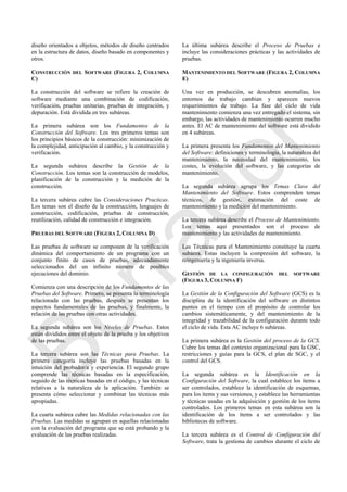 diseño orientados a objetos, métodos de diseño centrados
en la estructura de datos, diseño basado en componentes y
otros.
CONSTRUCCIÓN DEL SOFTWARE (FIGURA 2, COLUMNA
C)
La construcción del software se refiere la creación de
software mediante una combinación de codificación,
verificación, pruebas unitarias, pruebas de integración, y
depuración. Está dividida en tres subáreas.
La primera subárea son los Fundamentos de la
Construcción del Software. Los tres primeros temas son
los principios básicos de la construcción: minimización de
la complejidad, anticipación al cambio, y la construcción y
verificación.
La segunda subárea describe la Gestión de la
Construcción. Los temas son la construcción de modelos,
planificación de la construcción y la medición de la
construcción.
La tercera subárea cubre las Consideraciones Practicas.
Los temas son el diseño de la construcción, lenguajes de
construcción, codificación, pruebas de construcción,
reutilización, calidad de construcción e integración.
PRUEBAS DEL SOFTWARE (FIGURA 2, COLUMNA D)
Las pruebas de software se componen de la verificación
dinámica del comportamiento de un programa con un
conjunto finito de casos de pruebas, adecuadamente
seleccionados del un infinito número de posibles
ejecuciones del dominio.
Comienza con una descripción de los Fundamentos de las
Pruebas del Software. Primero, se presenta la terminología
relacionada con las pruebas, después se presentan los
aspectos fundamentales de las pruebas, y finalmente, la
relación de las pruebas con otras actividades.
La segunda subárea son los Niveles de Pruebas. Estos
están divididos entre el objeto de la prueba y los objetivos
de las pruebas.
La tercera subárea son las Técnicas para Pruebas. La
primera categoría incluye las pruebas basadas en la
intuición del probador/a y experiencia. El segundo grupo
comprende las técnicas basadas en la especificación,
seguido de las técnicas basadas en el código, y las técnicas
relativas a la naturaleza de la aplicación. También se
presenta cómo seleccionar y combinar las técnicas más
apropiadas.
La cuarta subárea cubre las Medidas relacionadas con las
Pruebas. Las medidas se agrupan en aquellas relacionadas
con la evaluación del programa que se está probando y la
evaluación de las pruebas realizadas.
La última subárea describe el Proceso de Pruebas e
incluye las consideraciones prácticas y las actividades de
pruebas.
MANTENIMIENTO DEL SOFTWARE (FIGURA 2, COLUMNA
E)
Una vez en producción, se descubren anomalías, los
entornos de trabajo cambian y aparecen nuevos
requerimientos de trabajo. La fase del ciclo de vida
mantenimiento comienza una vez entregado el sistema, sin
embargo, las actividades de mantenimiento ocurren mucho
antes. El AC de mantenimiento del software está dividido
en 4 subáreas.
La primera presenta los Fundamentos del Mantenimiento
del Software: definiciones y terminología, la naturaleza del
mantenimiento, la necesidad del mantenimiento, los
costes, la evolución del software, y las categorías de
mantenimiento.
La segunda subárea agrupa los Temas Clave del
Mantenimiento del Software. Estos comprenden temas
técnicos, de gestión, estimación del coste de
mantenimiento y la medición del mantenimiento.
La tercera subárea describe el Proceso de Mantenimiento.
Los temas aquí presentados son el proceso de
mantenimiento y las actividades de mantenimiento.
Las Técnicas para el Mantenimiento constituye la cuarta
subárea. Estas incluyen la compresión del software, la
reingeniería y la ingeniería inversa.
GESTIÓN DE LA CONFIGURACIÓN DEL SOFTWARE
(FIGURA 3, COLUMNA F)
La Gestión de la Configuración del Software (GCS) es la
disciplina de la identificación del software en distintos
puntos en el tiempo con el propósito de controlar los
cambios sistemáticamente, y del mantenimiento de la
integridad y trazabilidad de la configuración durante todo
el ciclo de vida. Esta AC incluye 6 subáreas.
La primera subárea es la Gestión del proceso de la GCS.
Cubre los temas del contexto organizacional para la GSC,
restricciones y guías para la GCS, el plan de SGC, y el
control del GCS.
La segunda subárea es la Identificación en la
Configuración del Software, la cual establece los ítems a
ser controlados, establece la identificación de esquemas,
para los ítems y sus versiones, y establece las herramientas
y técnicas usadas en la adquisición y gestión de los ítems
controlados. Los primeros temas en esta subárea son la
identificación de los ítems a ser controlados y las
bibliotecas de software.
La tercera subárea es el Control de Configuración del
Software, trata la gestiona de cambios durante el ciclo de
Borrador
 