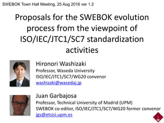 Proposals for the SWEBOK evolution
process from the viewpoint of
ISO/IEC/JTC1/SC7 standardization
activities
Hironori Washizaki
Professor, Waseda University
ISO/IEC/JTC1/SC7/WG20 convenor
washizaki@wasedaj.jp
Juan Garbajosa
Professor, Technical University of Madrid (UPM)
SWEBOK co-editor, ISO/IEC/JTC1/SC7/WG20 former convenor
jgs@etsisi.upm.es
SWEBOK Town Hall Meeting, 25 Aug 2016 ver 1.2
1
 